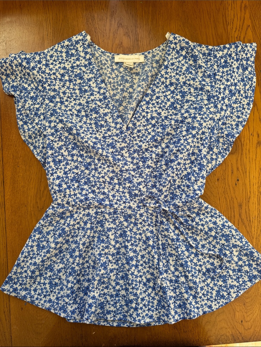 Floral Wrap Peplum Blouse in Blue and White by Monteau